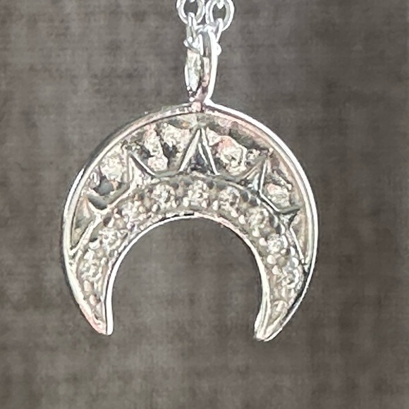 Sterling Silver Crescent Moon Necklace with Crystal Stones - Picture 3 of 9